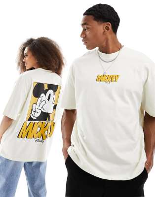 ASOS DESIGN - Disney - Unisex-T-Shirt in gebrochenem Weiß mit Oversize-Schnitt und „Mickey Mouse"-Grafikprints-Neutral