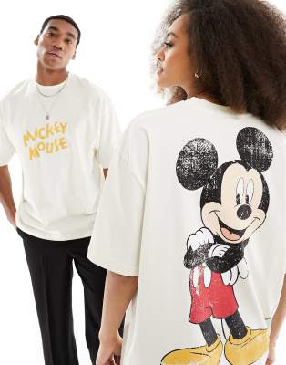 ASOS DESIGN - Disney - Unisex-T-Shirt in gebrochenem Weiß mit Oversize-Schnitt und „Mickey Mouse"-Grafikprints-Neutral