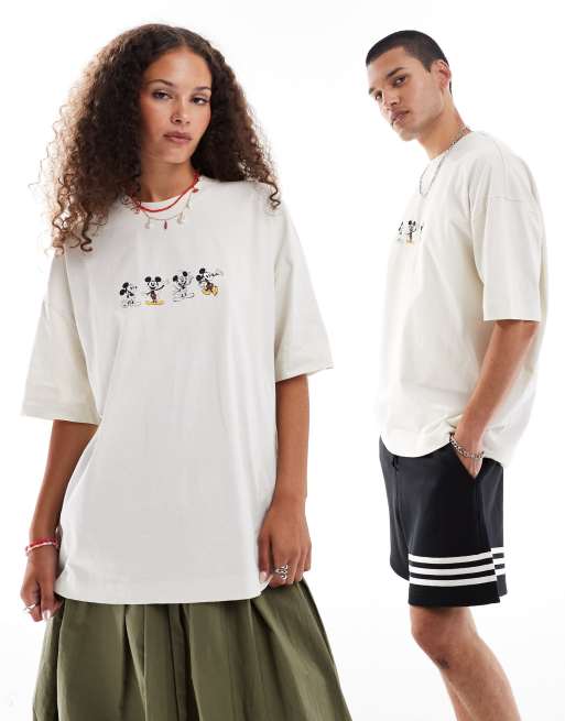 ASOS DESIGN – Disney – Unisex-T-Shirt in gebrochenem Weiß mit Oversize-Schnitt und „Micky Maus“-Prints