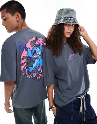 ASOS DESIGN - Disney - Unisex-T-Shirt in Grau mit Oversize-Schnitt und lizenzierten „Stitch"-Prints