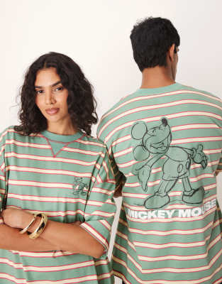 ASOS DESIGN - Disney - Unisex-T-Shirt in Grün mit Oversize-Schnitt, „Mickey Mouse"-Print und Nadelstreifen