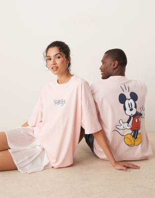 ASOS DESIGN - Disney - Unisex-T-Shirt in Hellrosa mit Micky Maus-Prints und Oversize-Passform