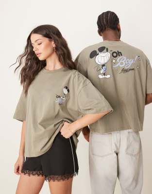 ASOS DESIGN - Disney - Unisex-T-Shirt in Khaki mit kastigem Oversize-Schnitt und „Mickey Mouse"-Prints-Grün