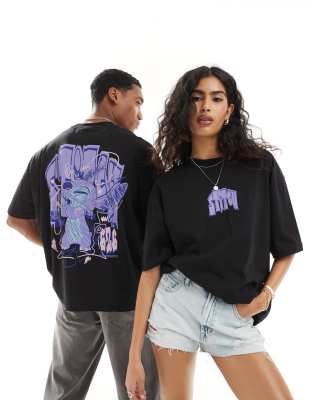 ASOS DESIGN - Disney - Unisex-T-Shirt in Schwarz mit Oversize-Schnitt und „Stitch"-Graffiti-Prints