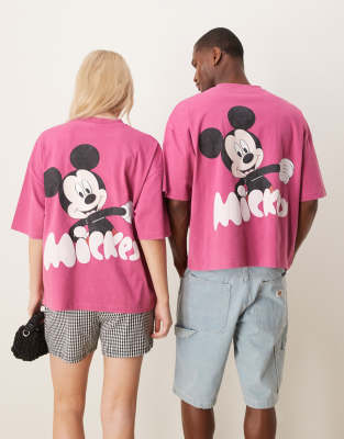 ASOS DESIGN - Disney - Unisex-T-Shirt in verwaschenem Rosa mit „Mickey"-Prints und kastigem Oversize-Schnitt