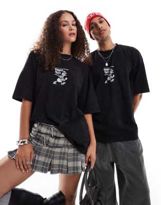 ASOS DESIGN - Disney - Unisex-T-Shirt in verwaschenem Schwarz mit Oversize-Schnitt und „Donald Duck"-Prints-Grau