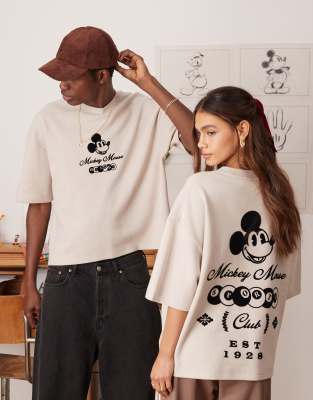 ASOS DESIGN - Disney - Unisex-T-Shirt in Weiß meliert mit „Mickey Mouse"-Prints und kastigem Oversize-Schnitt-Grau