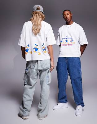 ASOS DESIGN - Disney - Unisex-T-Shirt in Weiß mit Raglan-Ärmeln, Oversize-Schnitt und „Donald Duck"-Schaumprints