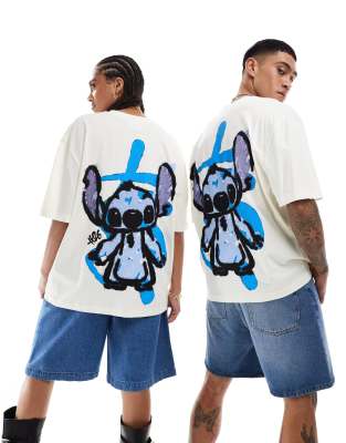 ASOS DESIGN - Disney - Unisex-T-Shirt in Wollweiß mit Oversize-Schnitt und „Stitch"-Graffiti-Prints