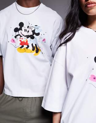 Asos Design Disney Boxy Oversized T-shirt With Mickey & Minnie Mouse Heart Prints In White