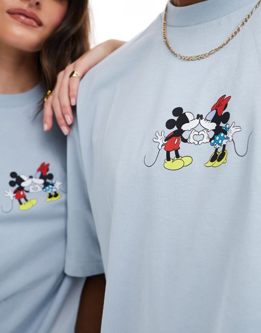 ASOS DESIGN Disney Valentine's Day oversized unisex tee in blue with Mickey  and Minnie Mouse kissing print