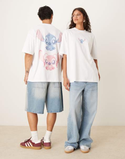 ASOS DESIGN – Disney – Vit t-shirt i oversize och unisex-modell med Stich- och Angel-tryck - view 1