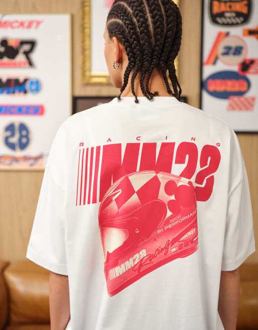 ASOS DESIGN – Disney – Vit t-shirt i racingstil och oversize med 'Mickey'-tryck, 5 av 5