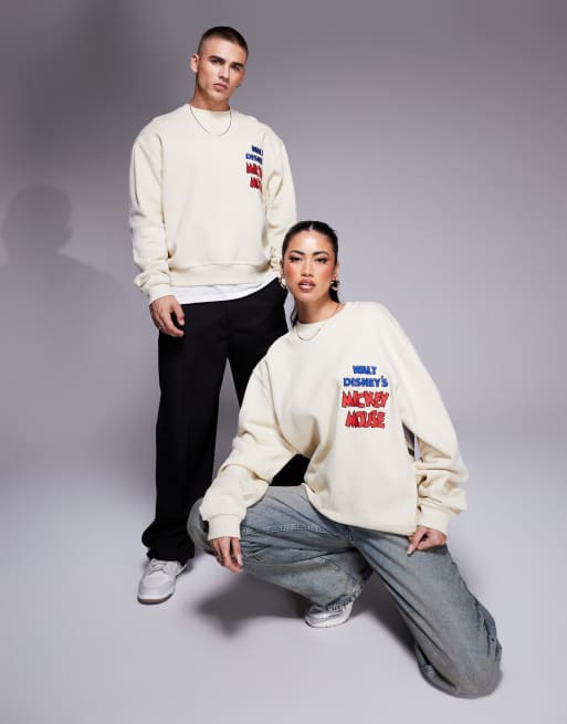 ASOS DESIGN – Disney – Vitmelerad sweatshirt i unisex-modell med boxig oversize passform och "Mickey Mouse & Minnie Mouse"-tryck, 3 av 4