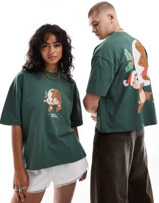 ASOS DESIGN - Disney - Weihnachten - Kastiges Oversize-T-Shirt in Grün mit „Chip N' Dale"-Prints