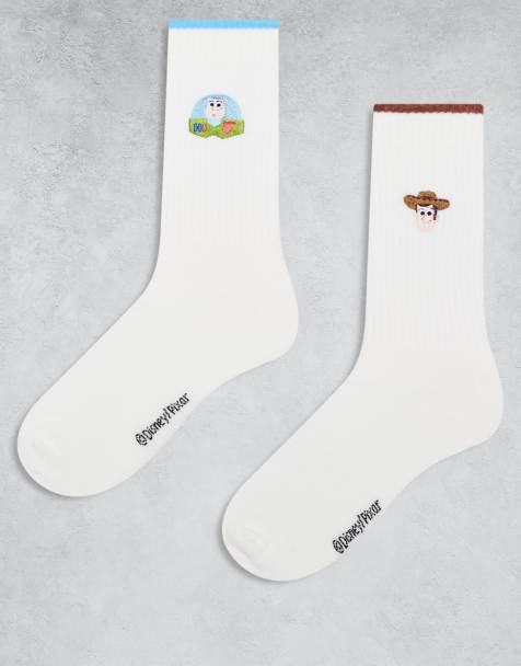 ASOS DESIGN – Disney – Zestaw 2 par białych skarpetek z haftowanym motywem Woody i Buzz - view 1