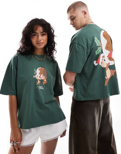 ASOS DESIGN – Disney – Zielony pudełkowy T-shirt oversize ze świątecznym nadrukiem z motywem Chip N' Dale