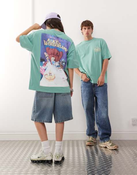 ASOS DESIGN Disney unisex oversized t-shirt with Alice In Wonderland prints in washed green