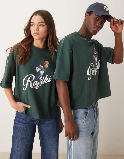 ASOS DESIGN – Disney – Zielony T-shirt unisex o fasonie oversize i krótkim fasonie z lamówkami i nadrukiem Lion King Rafiki