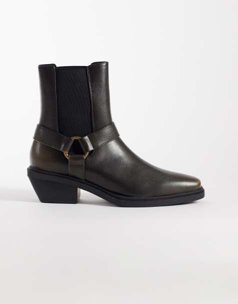 ASOS DESIGN distressed chelsea boots with metal hardware and Cuban heel in brown - view 1