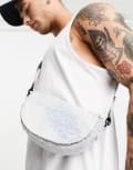[ASOS DESIGN] ASOS DESIGN distressed denim mini halfmoon crossbody bag in blue One Size Light blue