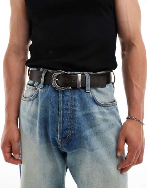 ASOS DESIGN distressed faux leather belt with buckle detail in washed brown - view 1