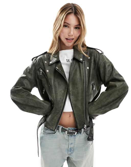 ASOS DESIGN distressed leather biker jacket in tinted green wash