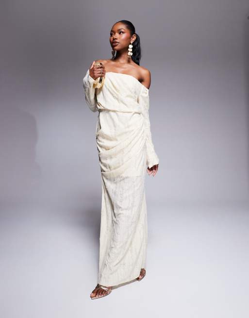 ASOS DESIGN - Distressed midi bardotjurk met textuur en lange mouwen in crème