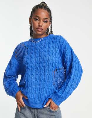 Asos Design Distressed Oversized Sweater With Open Cable Stitch In Blue