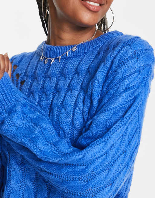 ASOS DESIGN distressed oversized sweater with open cable stitch in blue ASOS