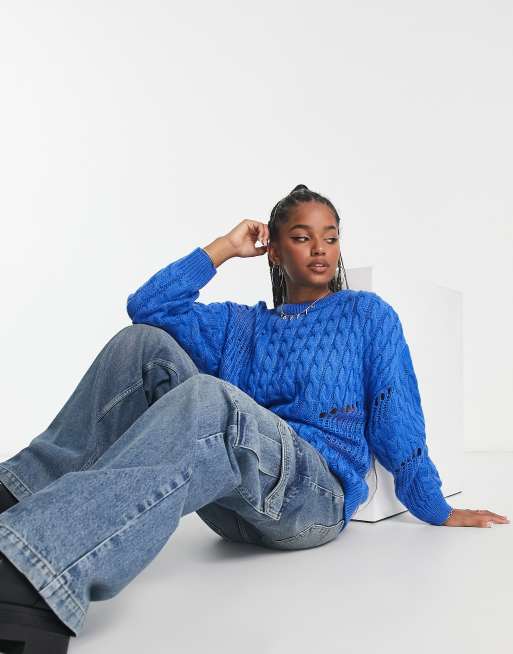 ASOS DESIGN distressed oversized sweater with open cable stitch in blue