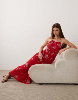 Asos Design Ditsy Embellished Bias Semi Sheer Chiffon Maxi Dress With Open Back In Red