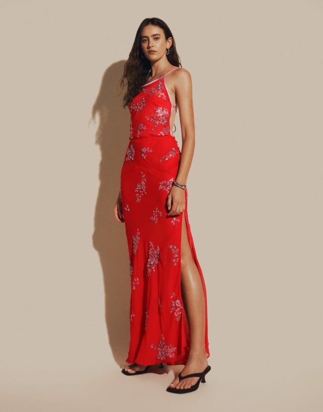 ASOS DESIGN ditsy embellished bias semi sheer chiffon maxi dress with open back in red