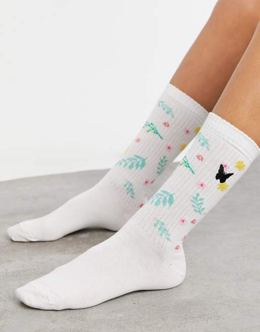 ASOS DESIGN ditsy floral calf length socks with embroidery ASOS