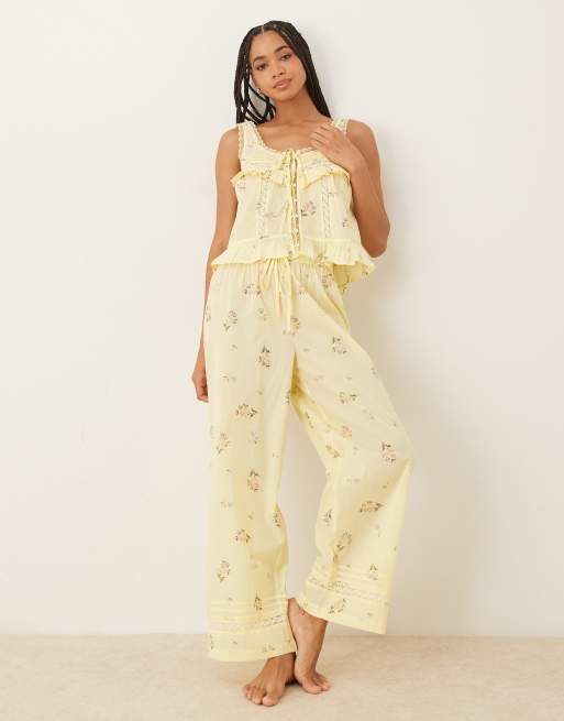 ASOS DESIGN Ditsy frill button up cami and trouser set in lemon ditsy print