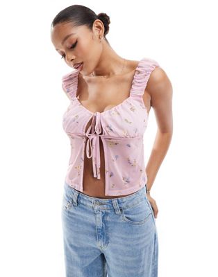 Asos Design Ditsy Milkmaid Tie-front Cami Top In Baby Pink-multi