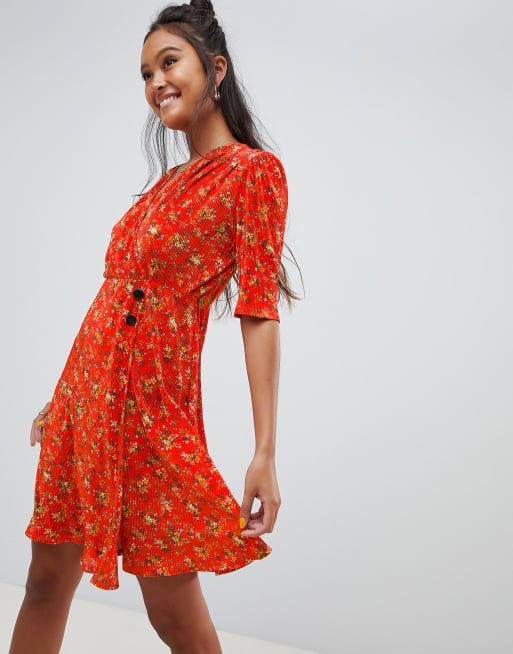 ASOS DESIGN ditsy print plisse mini dress with button detail | ASOS