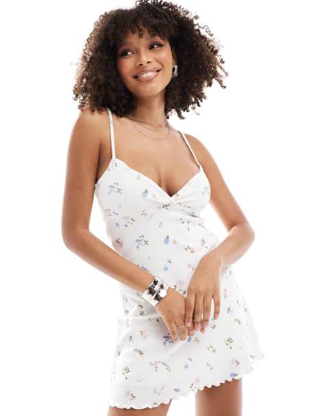 ASOS DESIGN ditsy printed rib mini dress in white - view 1