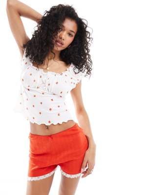 ASOS DESIGN ditsy strawberry milkmaid top in white-Multi