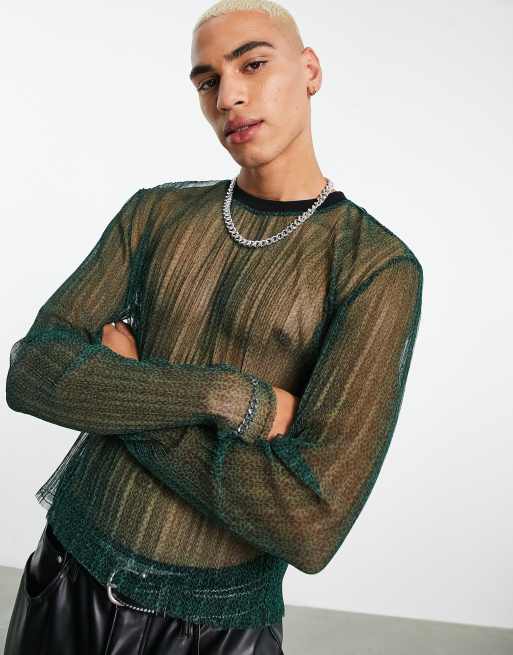 ASOS DESIGN – Djurmönstrad t-shirt i plisserad mesh med långa ärmar och extra smal passform