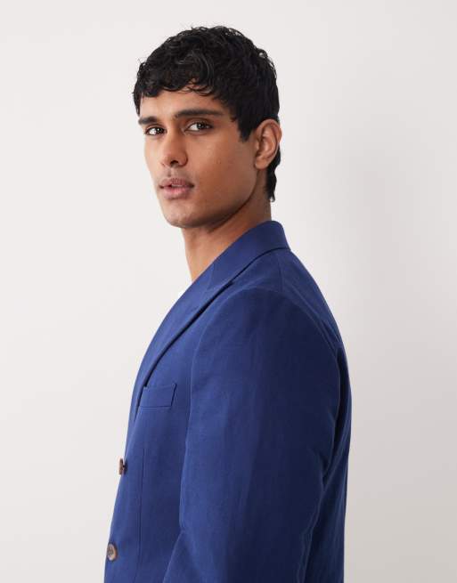 ASOS DESIGN - Dobbeltradet marineblå slim-habitjakke i hørrigt stof, 4 af 5