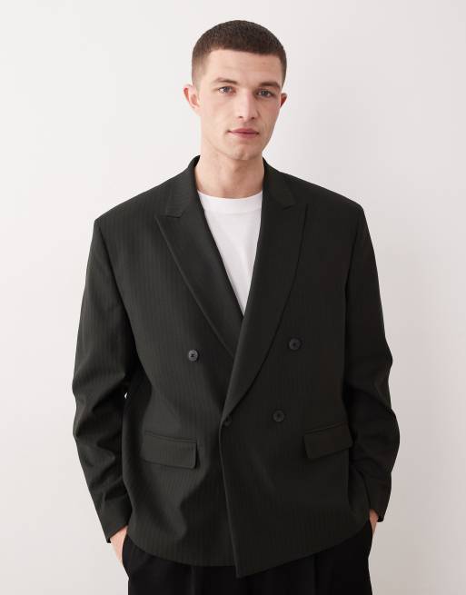 ASOS DESIGN - Mørkegrønt dobbeltradet jakkesæt med nålestriber i firkantet pasform, 2 af 3