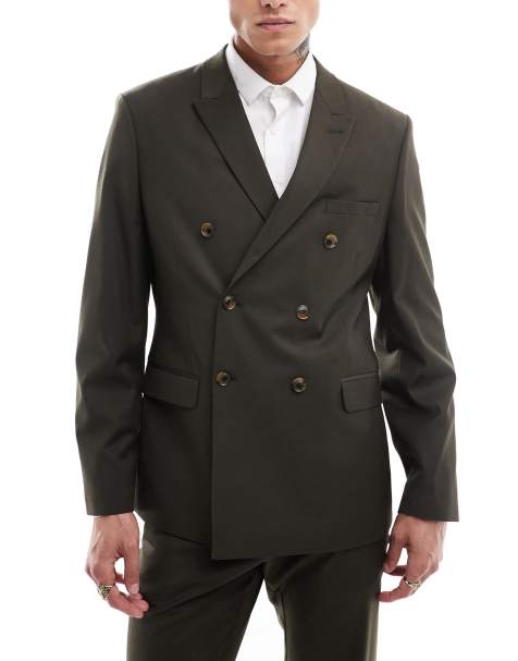 ASOS DESIGN - Dobbeltradet og olivengrøn Slim Fit-habitjakke i ren uldblanding - view 1