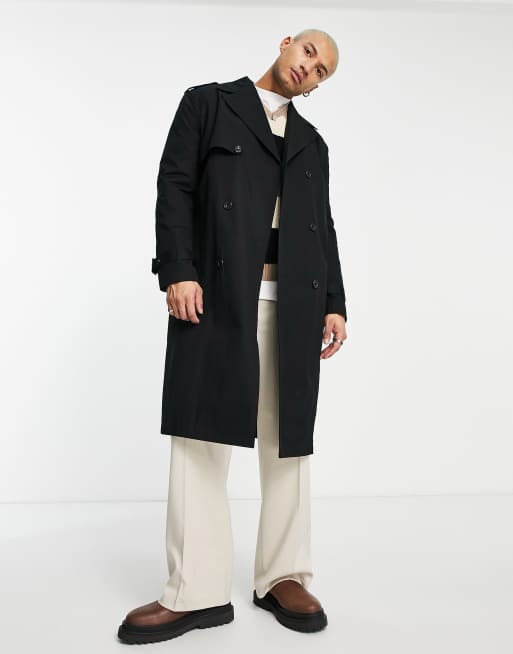 ASOS DESIGN - Dobbeltradet trenchcoat i sort, vandafvisende stof i afslappet pasform