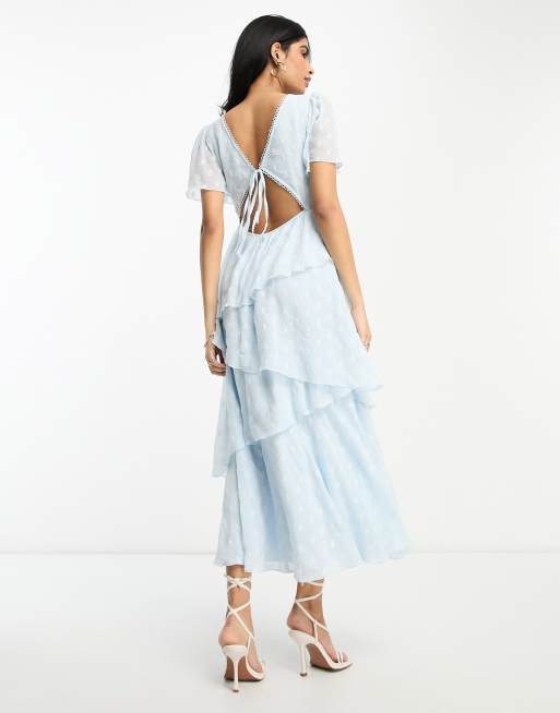 ASOS DESIGN dobby asymetric ruffle midi dress with tie back neck in pale blue