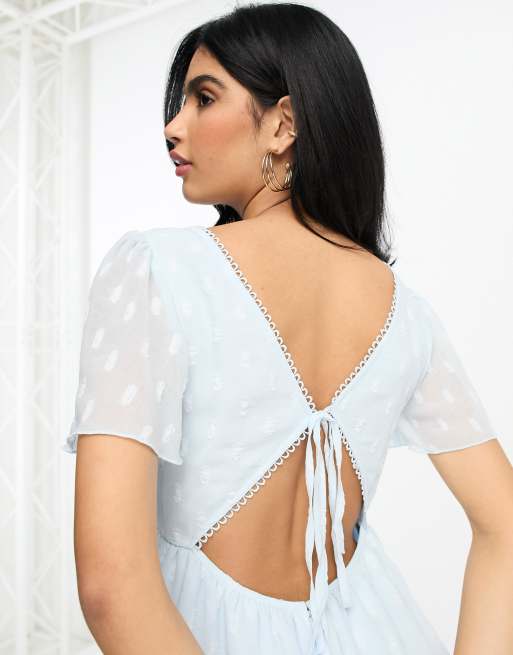 ASOS DESIGN dobby asymetric ruffle midi dress with tie back neck in pale blue, 4 of 4