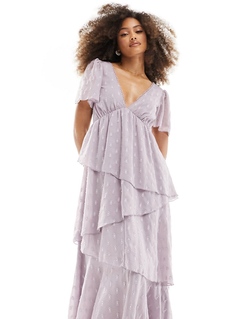 ASOS DESIGN dobby asymmetric ruffle midi dress with tie back neck in mauve-Purple