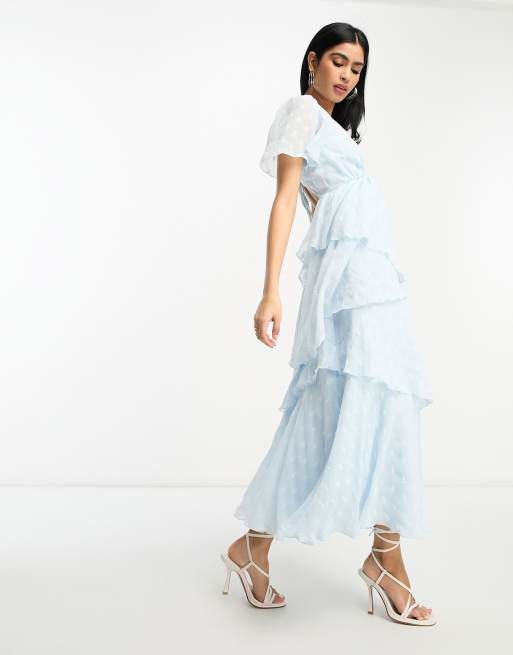 ASOS DESIGN dobby asymmetric ruffle midi dress with tie back neck in pale blue ASOS