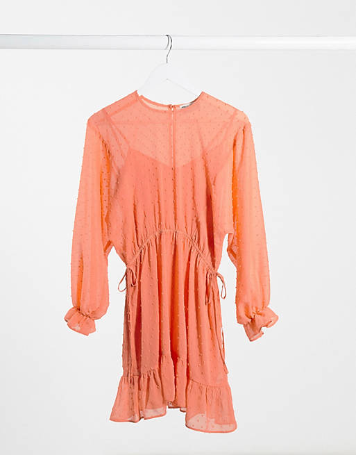 ASOS DESIGN dobby batwing mini dress with drawstring waist in coral