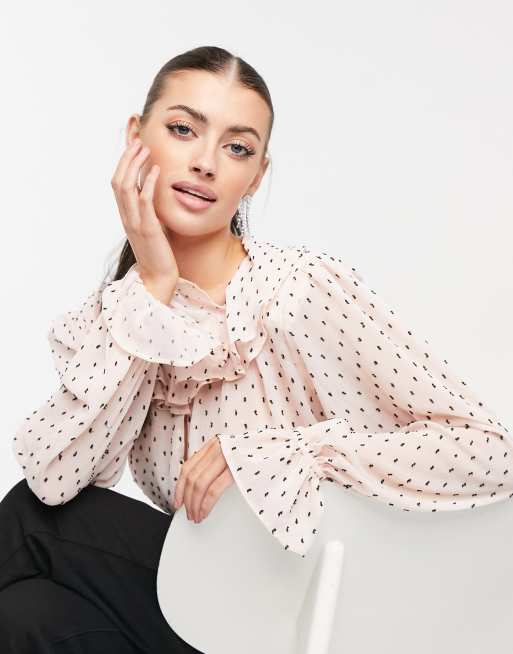 Asos Design Dobby Blouse With Ruffle Open Neck In Blush Asos